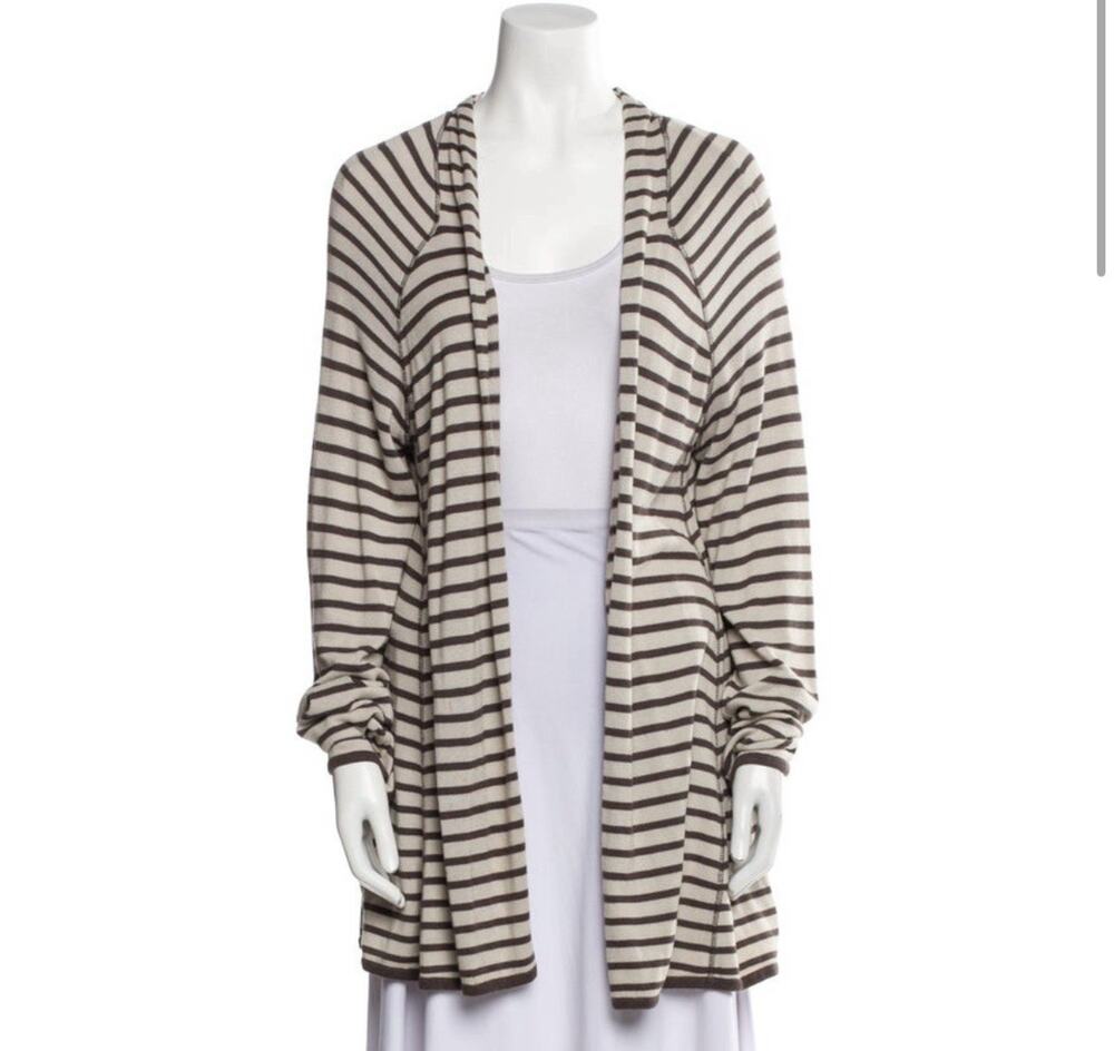 ST JOHN Brown-Gray Cream Striped Open Front Pocket Cardigan Size Large